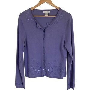 Womens Lavender Purple‎ Beaded Cardigan Sweater Size L Silk Blend Coquette Girly